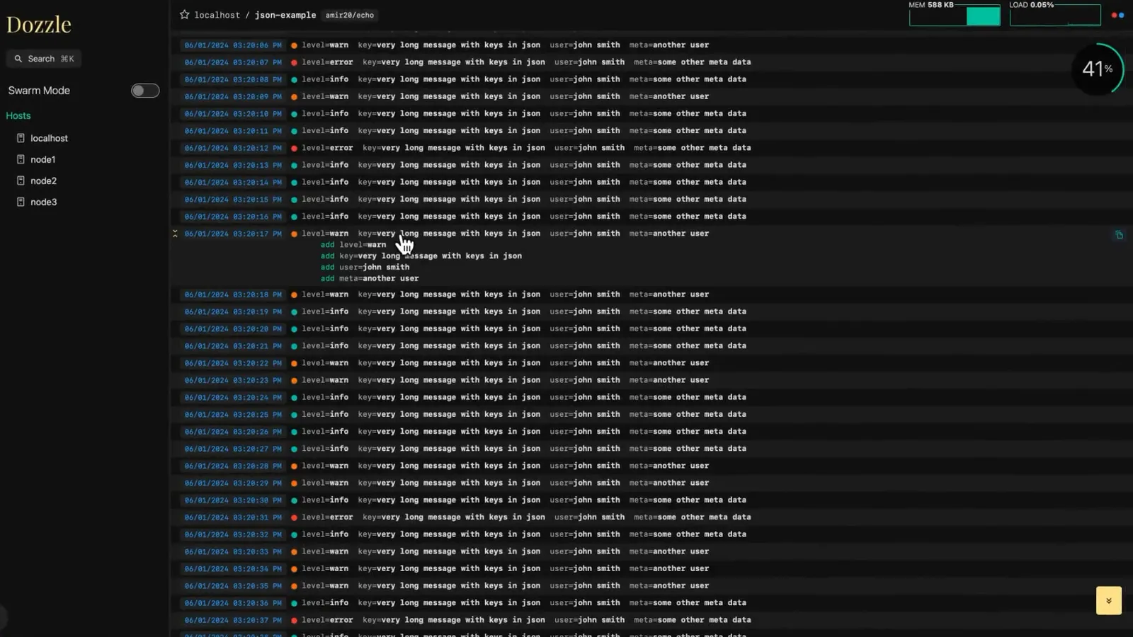 Dozzle streaming logs from running containers, with a container list down the side