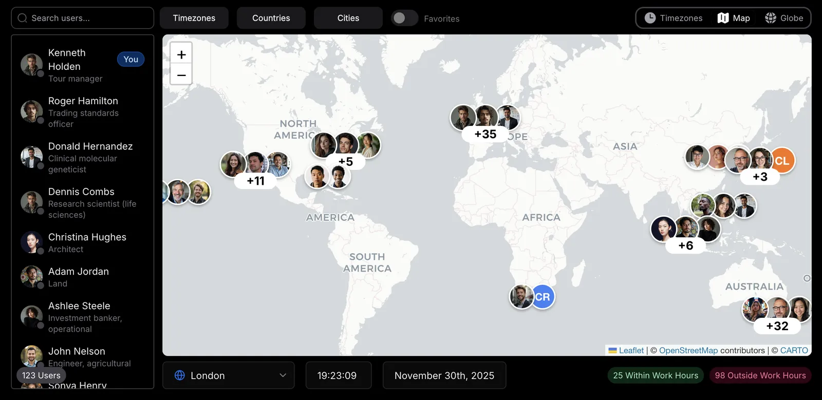 TeamVis employee map at 7:23pm London time, showing 25 teammates within working hours and 98 outside