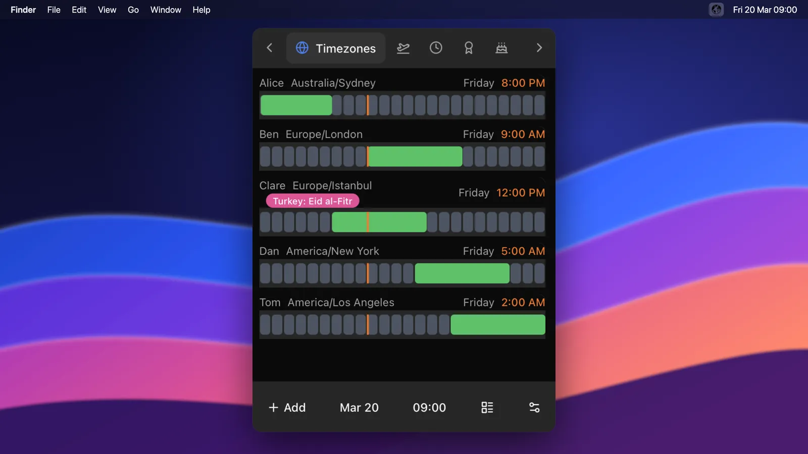 TeamVis menu bar app open on a Mac, showing five teammates’ working hours across time zones