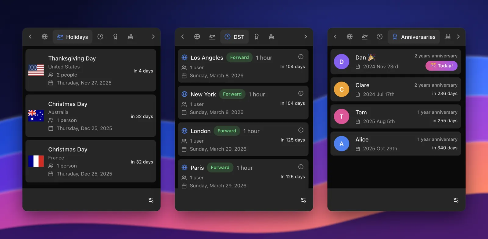 The Holidays, DST and Anniversaries tabs of the TeamVis menu bar app