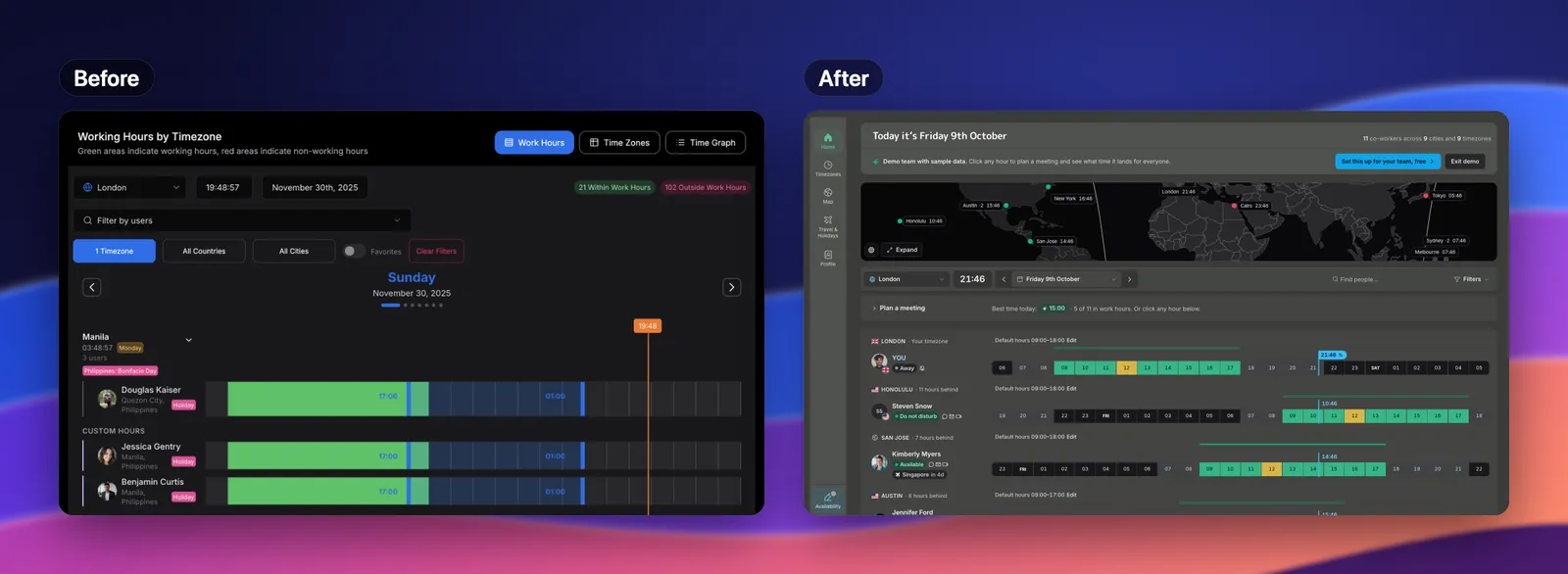 The old TeamVis working hours page next to the redesigned home page