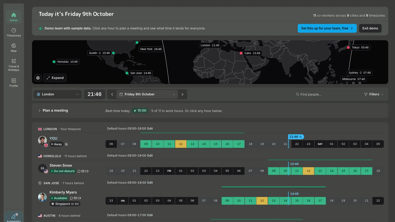 The redesigned TeamVis home page, with today’s date, a map of the team and one row per person showing their working day