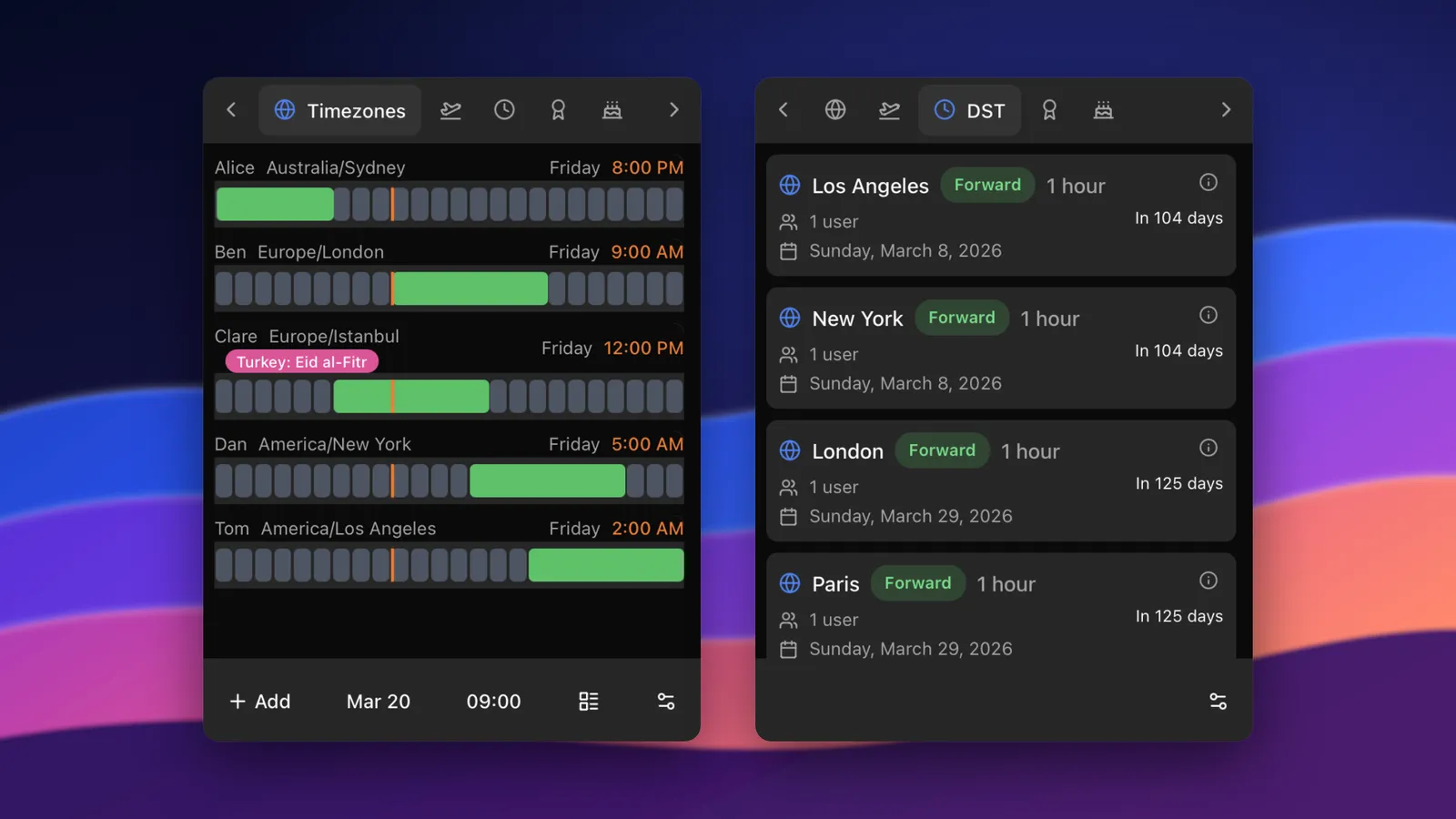 TeamVis menu bar app showing 9am in London as 5am in New York on 20 March, next to the dates each city’s clocks change