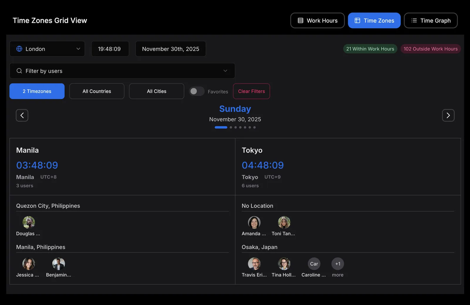 TeamVis time zones view at 7:48pm London time, with teammates in Manila and Tokyo already in the early hours of the next day